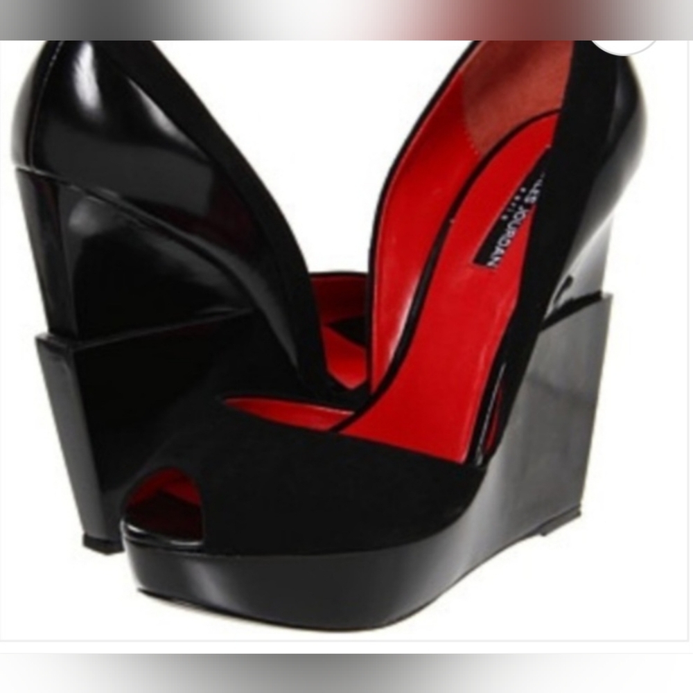 Charles Jourdan Cadence Wedge Platform Peep Toe Black Suede Sz 7